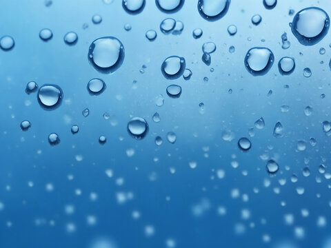 close up, water drops on glass. raindrops on blue and blurred background. generative ai