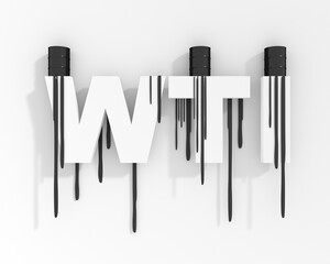 Oil barrels and WTI - West Texas Intermediate crude oil name with dripping oil. Natural resources mining. 3D render