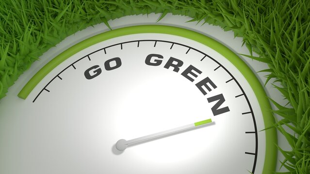 Go green text with measuring device with arrow and scale. Green grass. 3D render