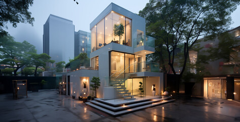 small modern house with white color in the city consist - obrazy, fototapety, plakaty