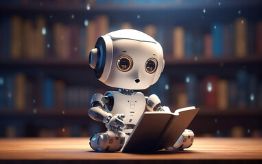 Cute android robot reads the book in the library