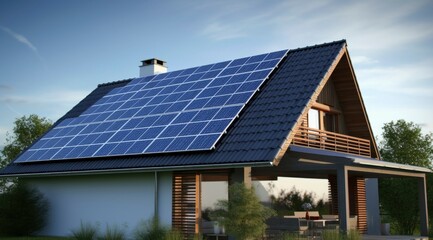 Fototapeta premium Solar panel cells system on roof, sustainable energy alternative