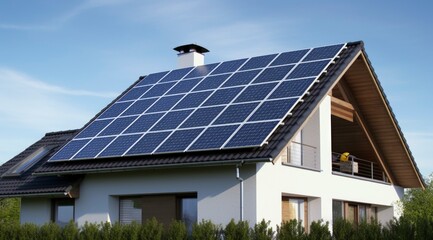 Naklejka premium Solar panel cells system on roof, sustainable energy alternative