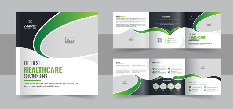 Medical or health care square trifold brochure template, Square trifold medical brochure design template for checkup, treatment, clinic