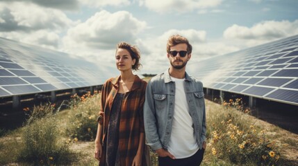 Couple photo between long rows of photovoltaic panels, solar panel cells