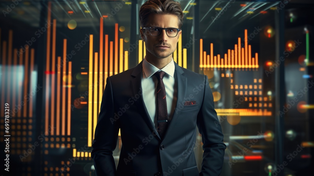 Aufkleber businessman in suit with data charts graphs in background, investment goals. generative ai.