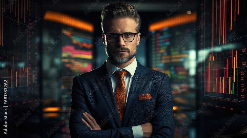 Aufkleber businessman in suit with data charts graphs in background, investment goals. generative ai.