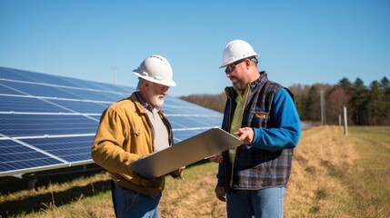 Professional technicians engineer in distance discussing between long rows of photovoltaic panels, solar panel cells