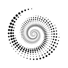 Dotted spiral lines element. Radial spinning halftone form. Circle swirl dots shape. Abstract geometric background for poster, banner, logo, icon, collage, tattoo, presentation, booklet. Vector sign