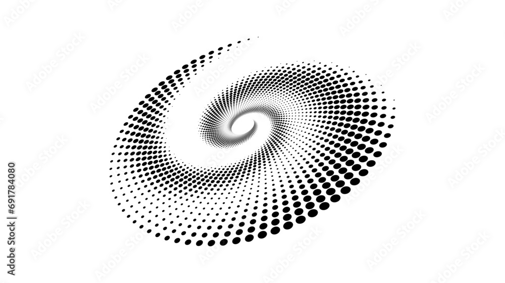 Aufkleber dotted slanted spiral element. radial spinning halftone texture. circle swirl dots shape in perspect