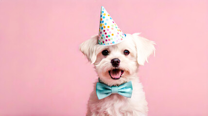 Fototapety  Cute maltese dog wearing party hat on pink background with copy space, Dog birthday party concept. Ai generated