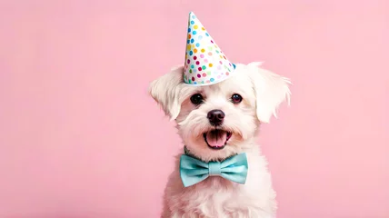 Foto op Aluminium Cute maltese dog wearing party hat on pink background with copy space, Dog birthday party concept. Ai generated © Alanh