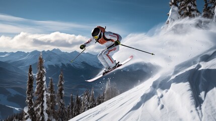 Naklejka na ściany i meble Skier jumping off of ski ramp into air, Evergreen trees and mountain terrain in background. Generative AI.