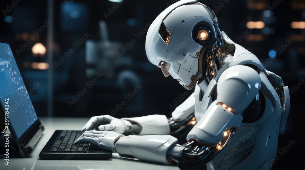 Aufkleber A robot writing on a computer. Generative AI.