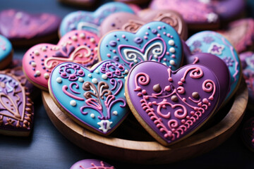 Appetizing colorful heart-shaped cookies and cakes