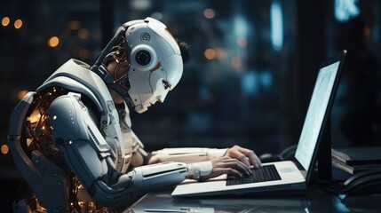 A robot writing on a computer. Generative AI. - obrazy, fototapety, plakaty