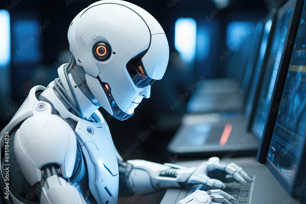 Poster Robot working on pc. Generative AI.