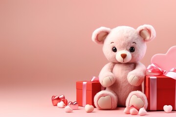 Valentine's Day blank space with cute bear gift boxes, roses, red heart, background generative ai.