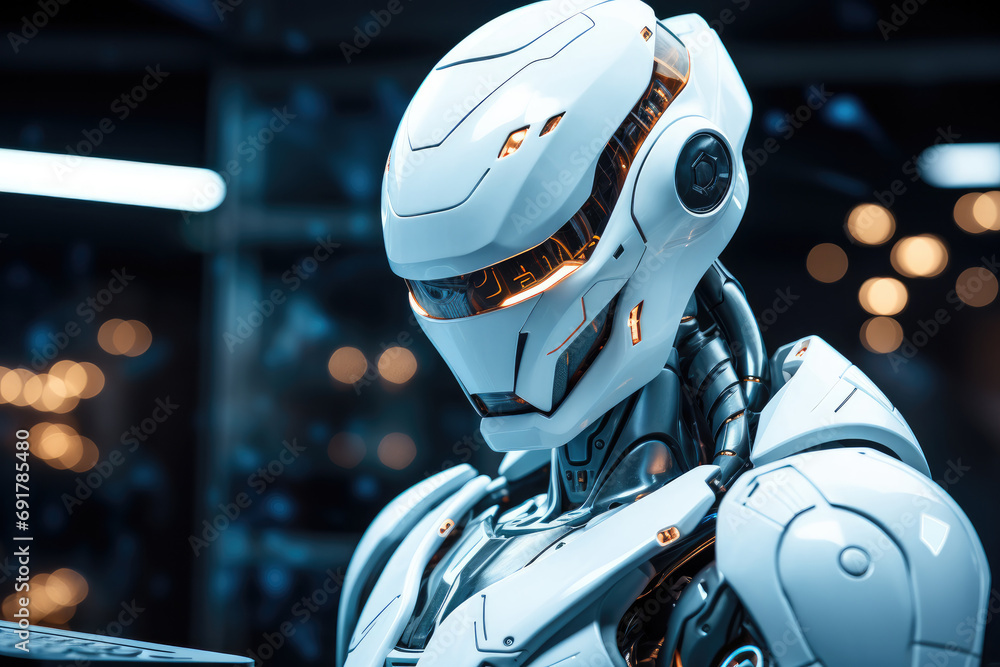 Poster Futuristic robot working on laptop. Generative AI.