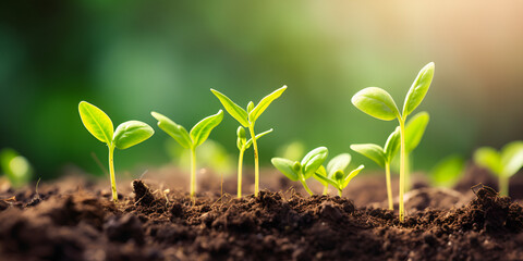 Business growth agriculture planting seeding growing with sunlight ,Small green seedling growing from seed in morning light agriculture concept ,generative ai

 - obrazy, fototapety, plakaty