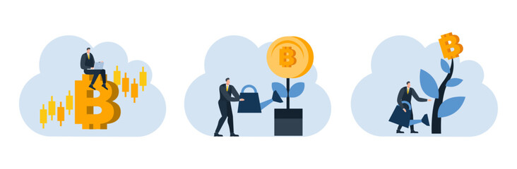 businessman with bitcoin digital money coin currency flat illustration
