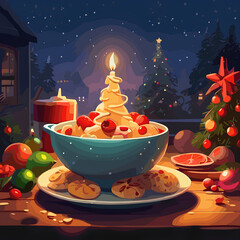 christmas table setting, cake, xmas