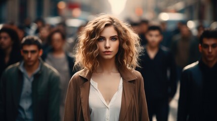 Woman standing in the background crowd at the street in the busy city. Generative AI.