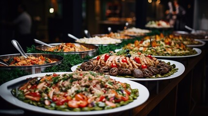 Catering buffet food in the restaurant. People group dinner, holiday and wedding party concept. Generative AI - obrazy, fototapety, plakaty
