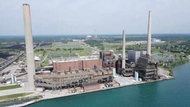 Power plant area of East China, Michigan, USA. Aerial drone view