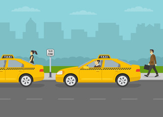City taxi service parking area. Side view of parallel parked yellow cabs. Flat vector illustration template.