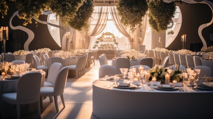 Beautiful corporate event with corporate decor and exquisite details, Round tables and chairs with stage setup. Generative AI. - obrazy, fototapety, plakaty