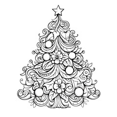A Christmas tree, colorbook drawing, simple line art, on white background, Generative AI illustration 