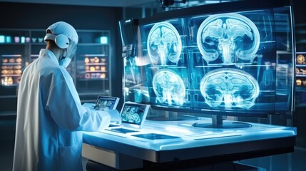 Doctor research and diagnose Human brains scan. Generative AI.