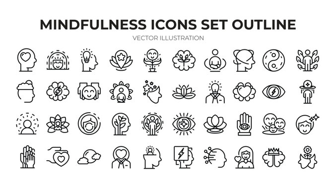 Stress and Mental Health Line Icon Set. Anxiety, Overworked, Depression, Psychology. Mindfulness icons set outline vector. Mind stress. Relax peace
