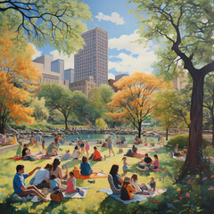 Obraz na płótnie Canvas Families picnicking in a vibrant city park