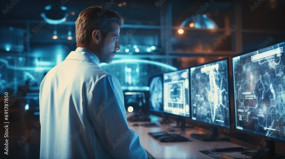 Aufkleber doctor monitoring the condition of patients using innovative technologies in modern treatment of peo