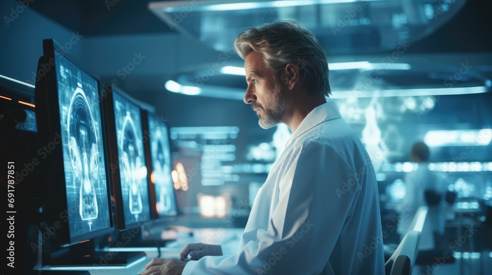 Aufkleber doctor monitoring the condition of patients using innovative technologies in modern treatment of peo