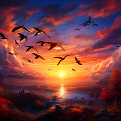 Flock of migrating birds flying across a vibrant sunset