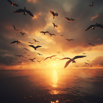 Flocks of migratory birds flying in a V formation against a sunset