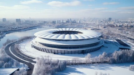 The sports arena are standing the snow next to a river, Aerial view. Generative AI. - obrazy, fototapety, plakaty