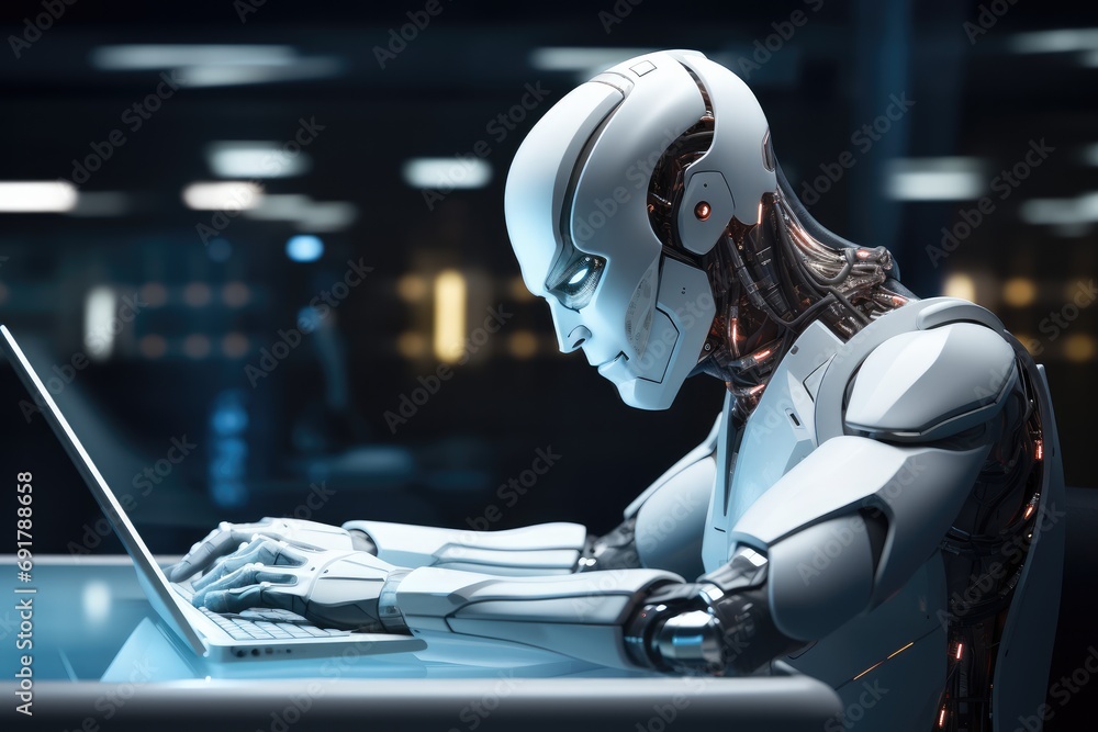 Poster An AI robot sitting on a futuristic desk looking at his computer screen. Generative AI.