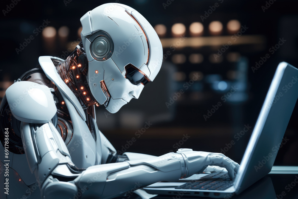 Poster An AI robot sitting on a futuristic desk looking at his computer screen. Generative AI.