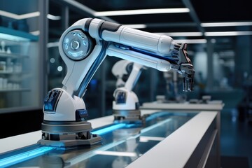 Fototapeta premium Robot arm with Disposable test tube virus sampling in laboratory, Medical research and pharmaceuticals, Laboratory robotic arm. Generative AI.