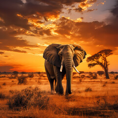 Lone elephant grazing in the golden savannah at sunset