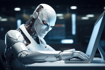 Fototapeta premium An AI robot sitting on a futuristic desk looking at his computer screen. Generative AI.
