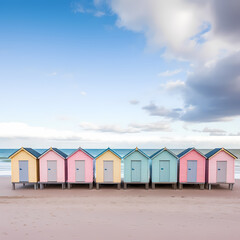 Row of beach huts in pastel colors along a sandy shore