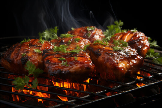 Grilled chicken with sauce on grill with smoke on black background.