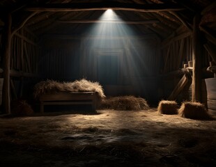 An AI Image of The Inside of the Barn where Jesus would be Born  on Christmas Day - obrazy, fototapety, plakaty