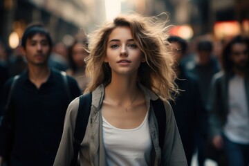 Woman walking among many people on a bustling city street. Generative AI.