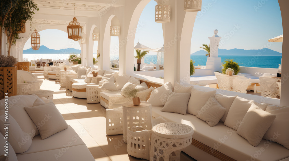 Poster the inside of a beautiful beach club with tables and sun bed. generative ai.